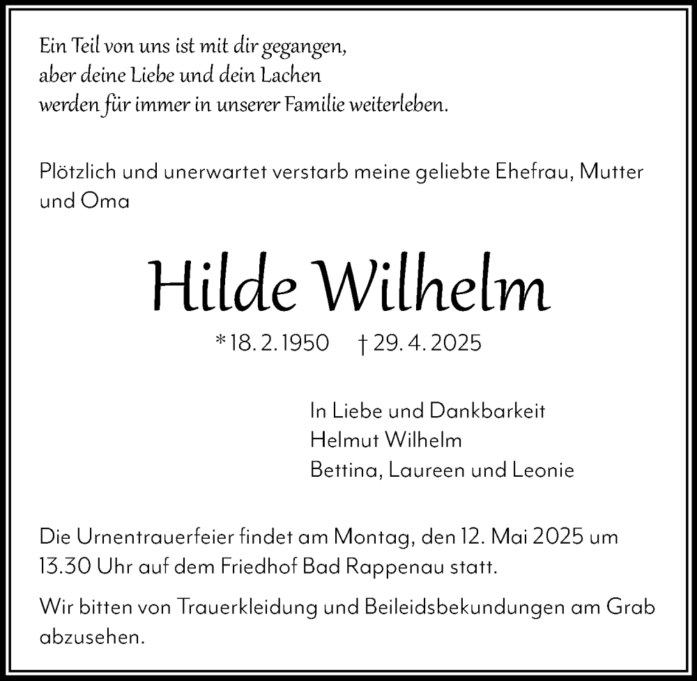  Traueranzeige für Hilde Wilhelm vom 10.05.2025 aus GESAMT
