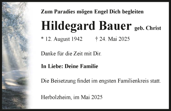 Traueranzeige von Hildegard Bauer von GESAMT