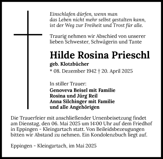 Traueranzeige von Hilde Rosina Prieschl von GESAMT