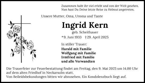 Traueranzeige von Ingrid Kern von GESAMT