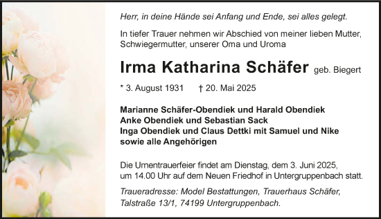 Traueranzeige von Irma Katharina Schäfer von GESAMT