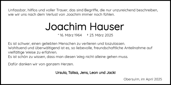 Traueranzeige von Joachim Hauser von GESAMT