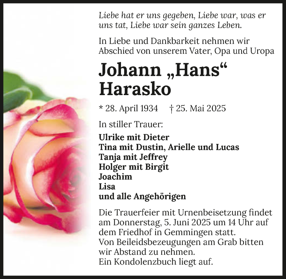  Traueranzeige für Johann Harasko vom 31.05.2025 aus GESAMT
