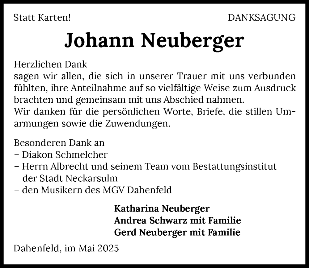  Traueranzeige für Johann Neuberger vom 03.05.2025 aus GESAMT