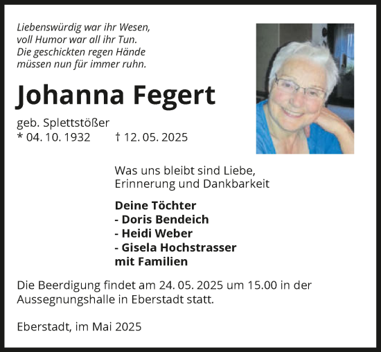Traueranzeige von Johanna Fegert von GESAMT