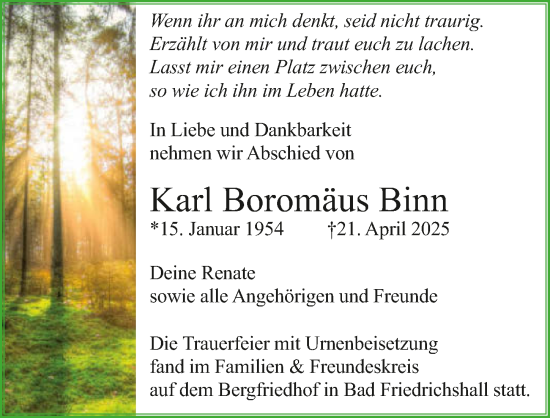 Traueranzeige von Karl Boromäus Binn von GESAMT