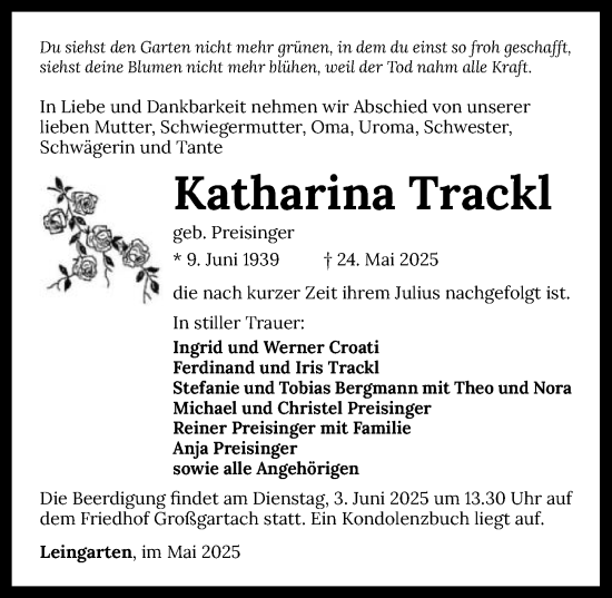 Traueranzeige von Katharina Trackl von GESAMT