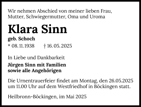 Traueranzeige von Klara Sinn von GESAMT