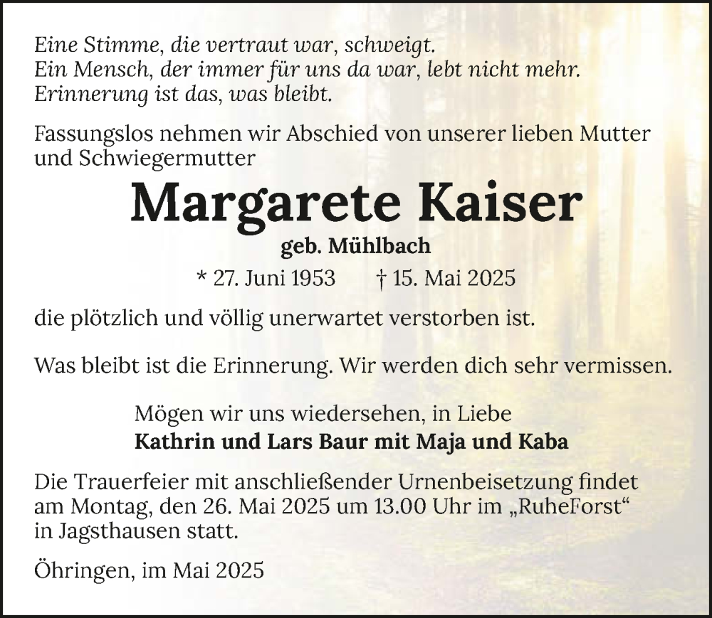  Traueranzeige für Margarete Kaiser vom 24.05.2025 aus GESAMT