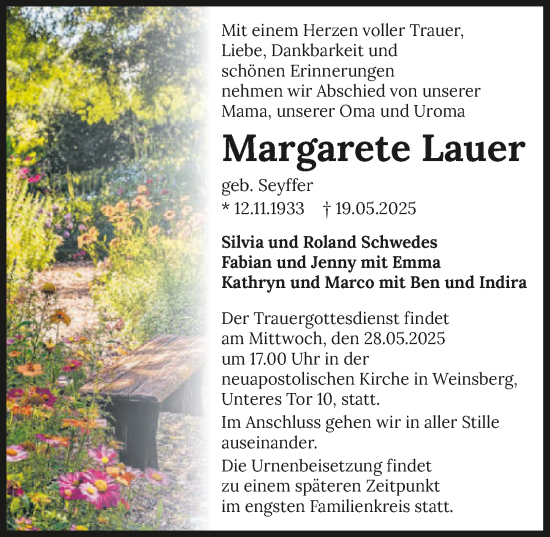 Traueranzeige von Margarete Lauer von GESAMT