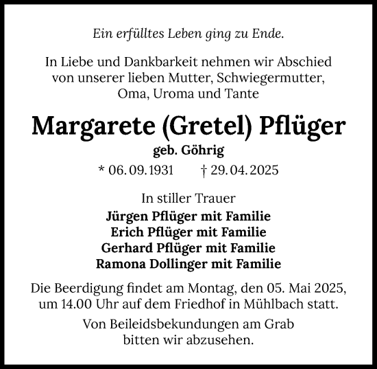 Traueranzeige von Margarete Pflüger von GESAMT