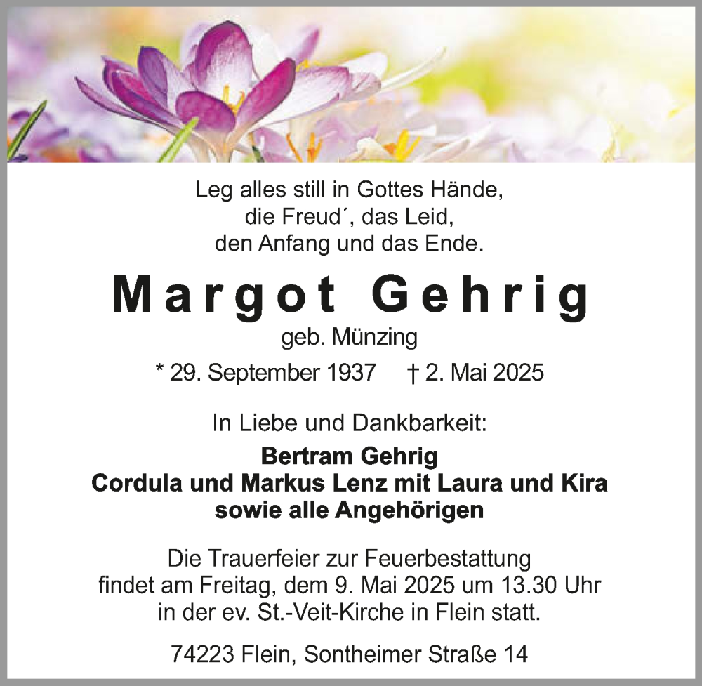  Traueranzeige für Margot Gehrig vom 07.05.2025 aus GESAMT
