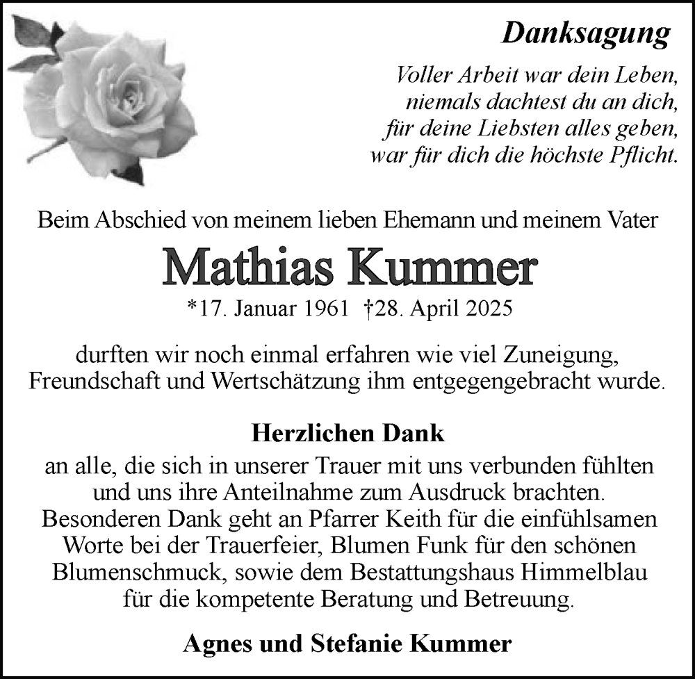  Traueranzeige für Mathias Kummer vom 17.05.2025 aus GESAMT