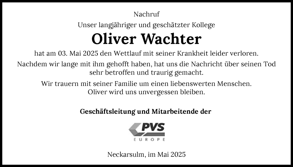  Traueranzeige für Oliver Wachter vom 10.05.2025 aus GESAMT