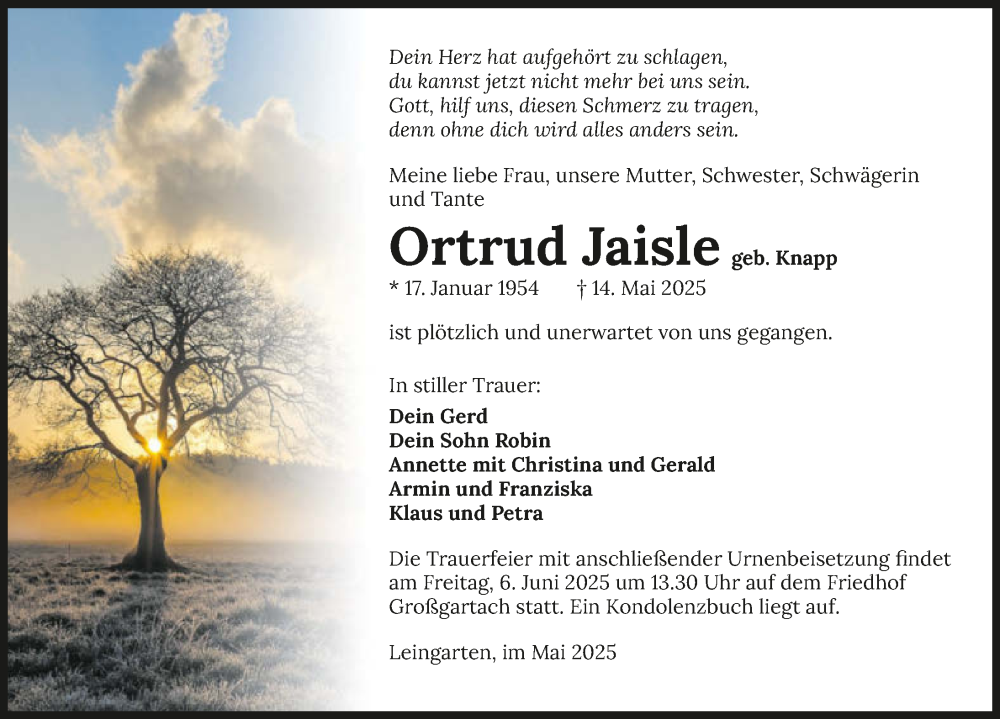  Traueranzeige für Ortrud Jaisle vom 31.05.2025 aus GESAMT