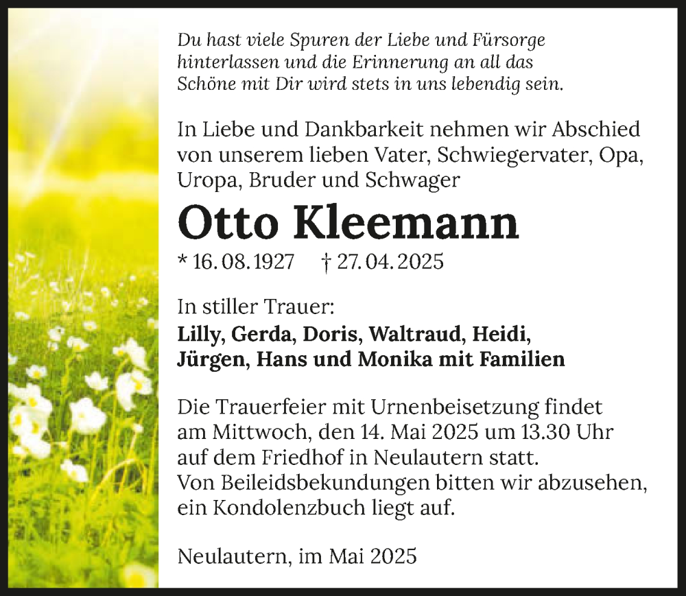  Traueranzeige für Otto Kleemann vom 10.05.2025 aus GESAMT