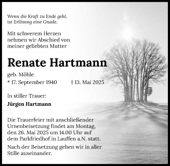Traueranzeige von Renate Hartmann von GESAMT