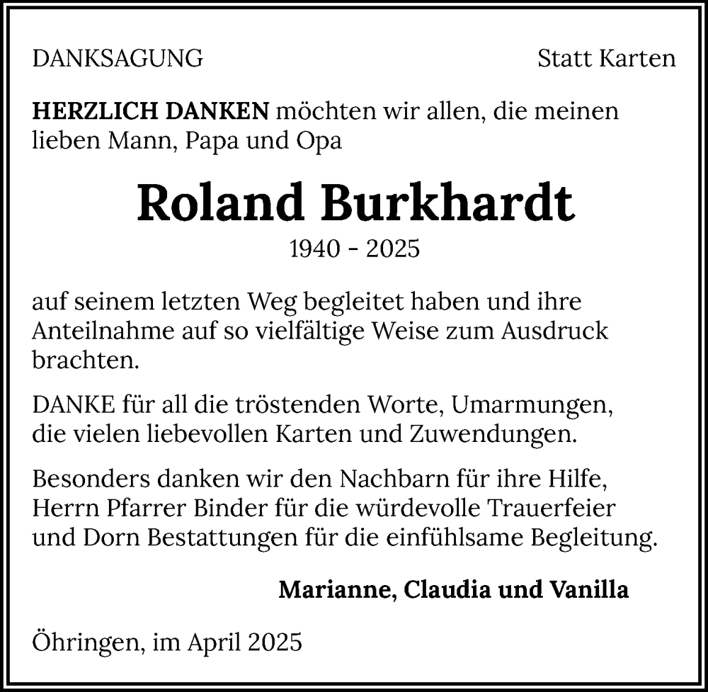  Traueranzeige für Roland Burkhardt vom 26.04.2025 aus GESAMT