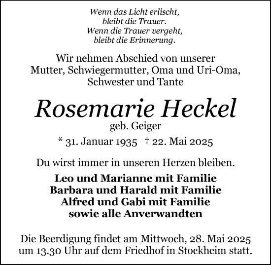Traueranzeige von Rosemarie Heckel von GESAMT
