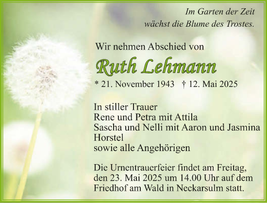 Traueranzeige von Ruth Lehmann von GESAMT