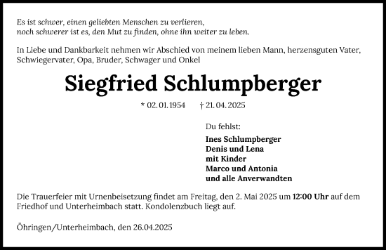 Traueranzeige von Siegfried Schlumpberger von GESAMT