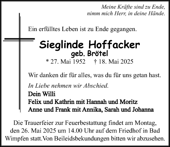 Traueranzeige von Sieglinde Hoffacker von GESAMT