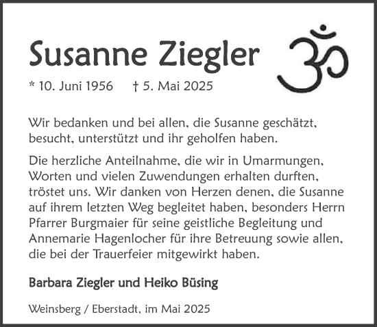 Traueranzeige von Susanne Ziegler von GESAMT