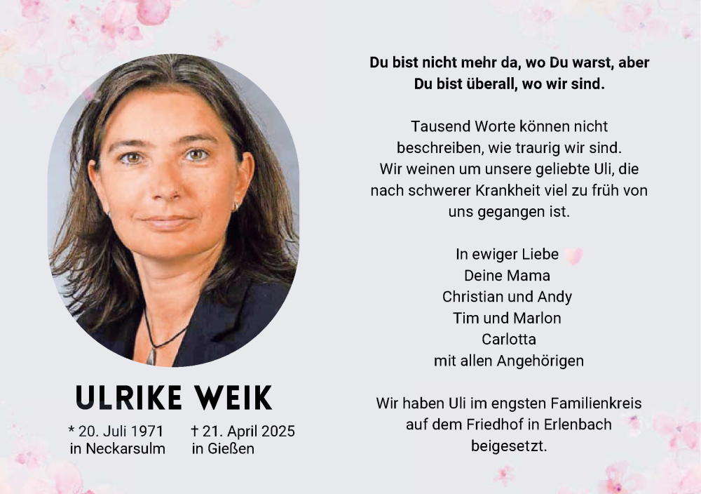  Traueranzeige für Ulrike Weik vom 10.05.2025 aus GESAMT