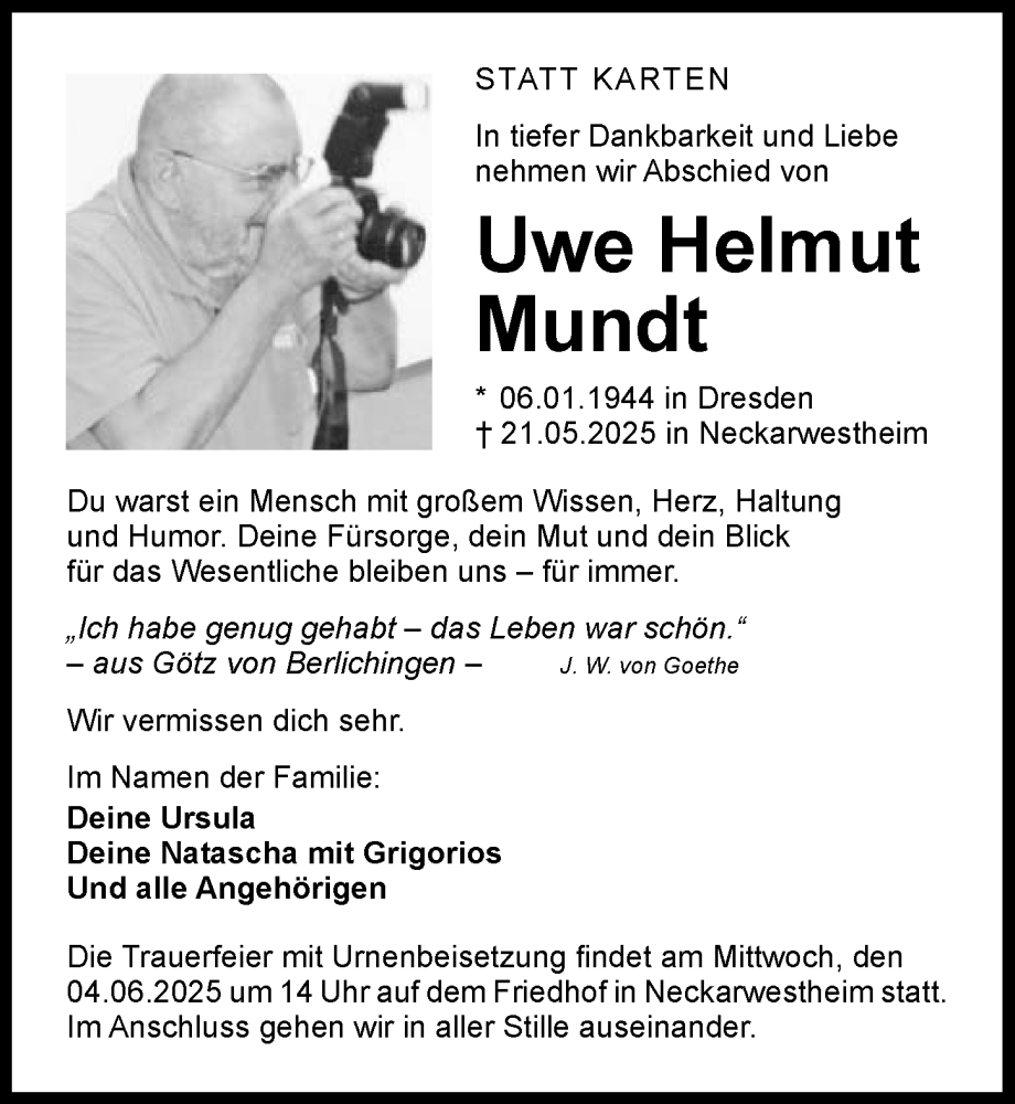  Traueranzeige für Uwe Helmut Mundt vom 31.05.2025 aus GESAMT