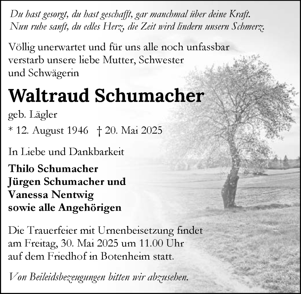  Traueranzeige für Waltraud Schumacher vom 24.05.2025 aus GESAMT