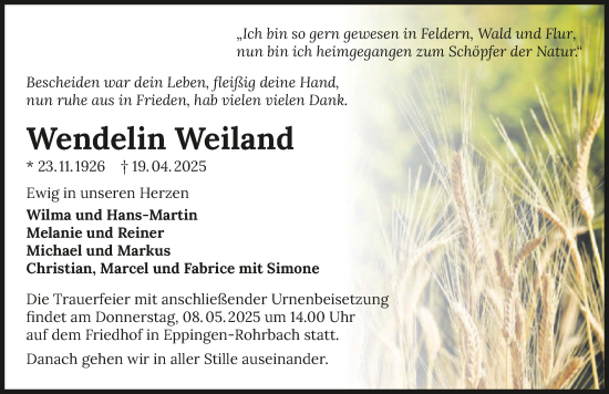 Traueranzeige von Wendelin Weiland von GESAMT