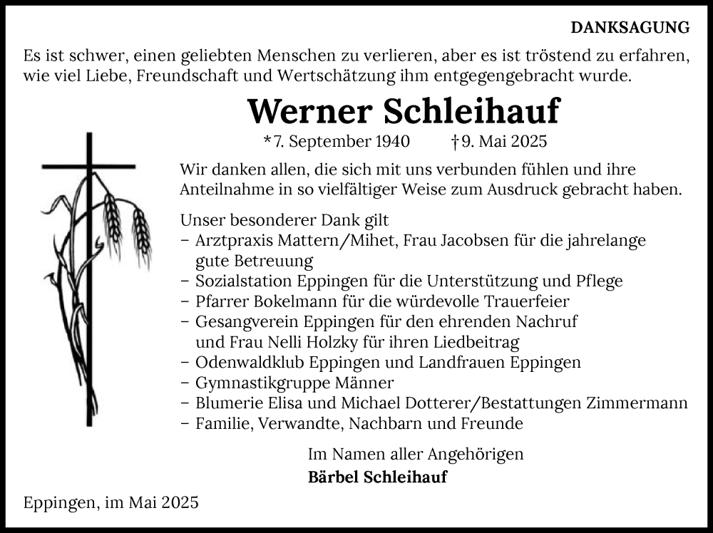  Traueranzeige für Werner Schleihauf vom 24.05.2025 aus GESAMT