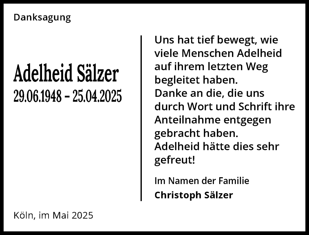 Traueranzeige für Adelheid Sälzer vom 14.06.2025 aus GESAMT