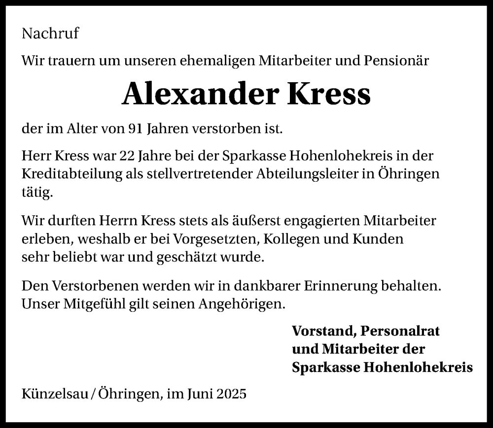  Traueranzeige für Alexander Kress vom 06.06.2025 aus GESAMT