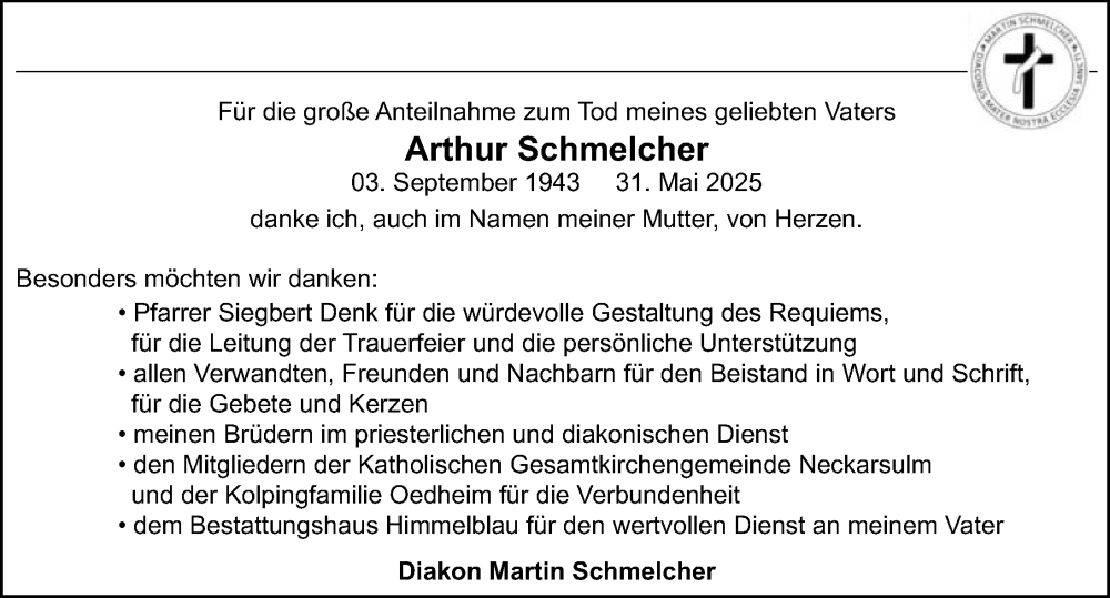  Traueranzeige für Arthur Schmelcher vom 21.06.2025 aus GESAMT