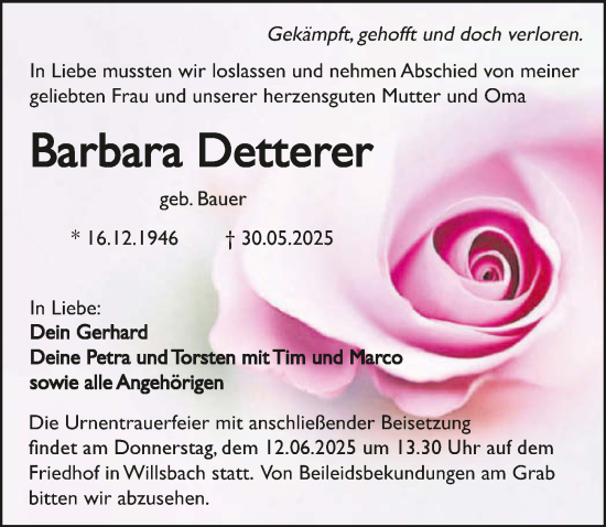 Traueranzeige von Barbara Detterer von GESAMT