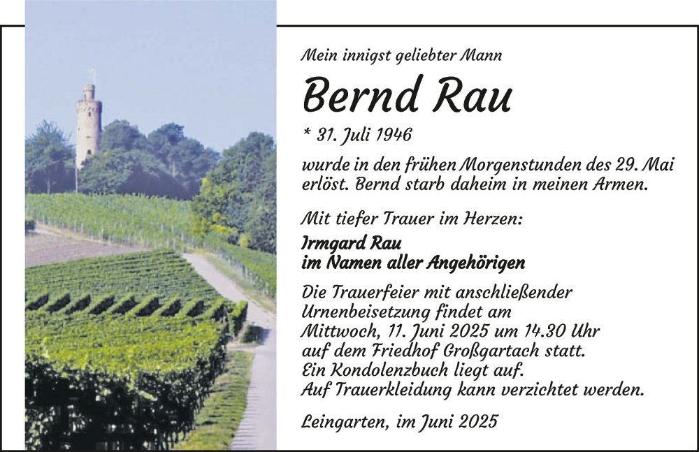  Traueranzeige für Bernd Rau vom 07.06.2025 aus GESAMT