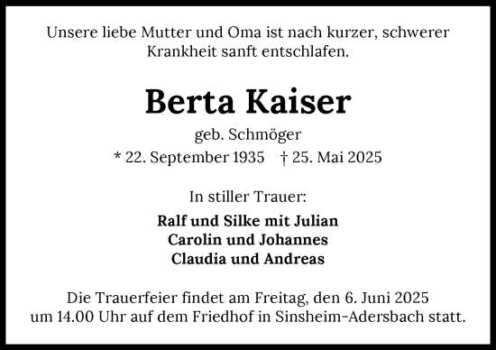 Traueranzeige von Berta Kaiser von GESAMT