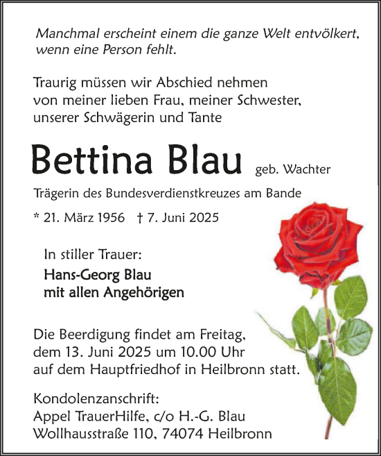 Traueranzeige von Bettina Blau von GESAMT