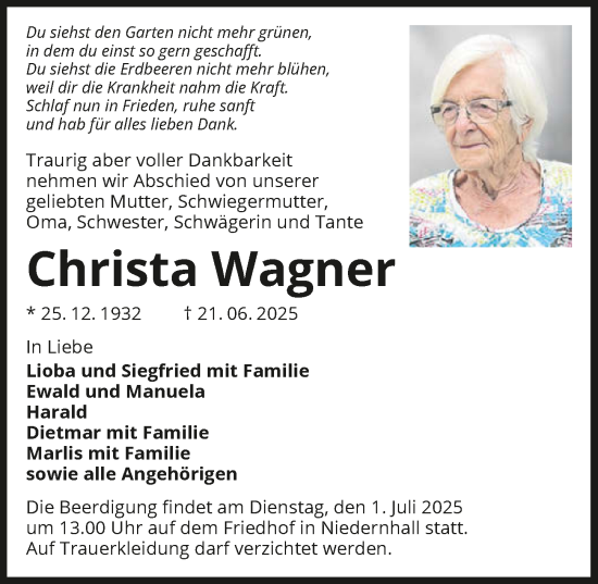 Traueranzeige von Christa Wagner von GESAMT