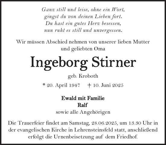 Traueranzeige von Ingeborg Stirner von GESAMT