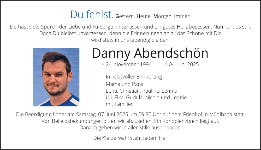  Traueranzeige für Danny Abendschön vom 06.06.2025 aus GESAMT