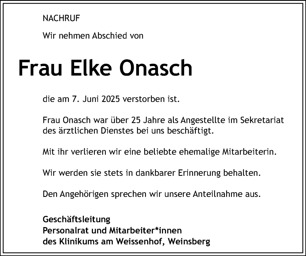  Traueranzeige für Elke Onasch vom 18.06.2025 aus GESAMT