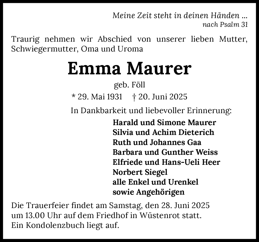  Traueranzeige für Emma Maurer vom 25.06.2025 aus GESAMT