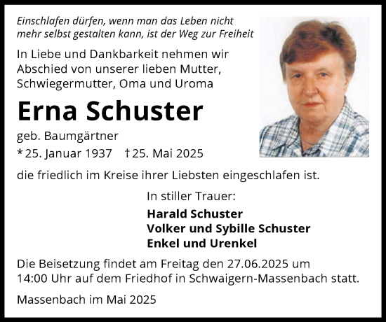 Traueranzeige von Erna Schuster von GESAMT