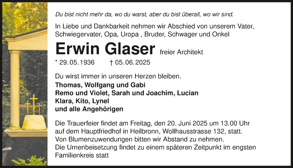 Traueranzeige für Erwin Glaser vom 14.06.2025 aus GESAMT