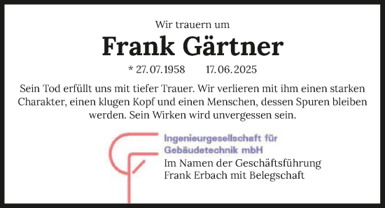 Traueranzeige von Frank Gärtner von GESAMT