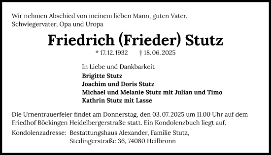 Traueranzeige von Friedrich Stutz von GESAMT