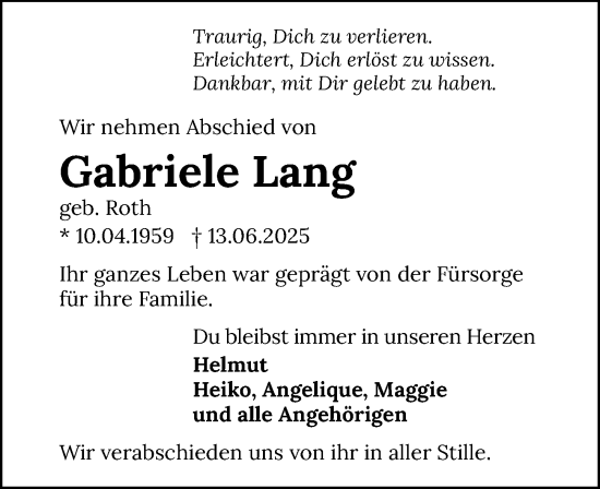 Traueranzeige von Gabriele Lang von GESAMT