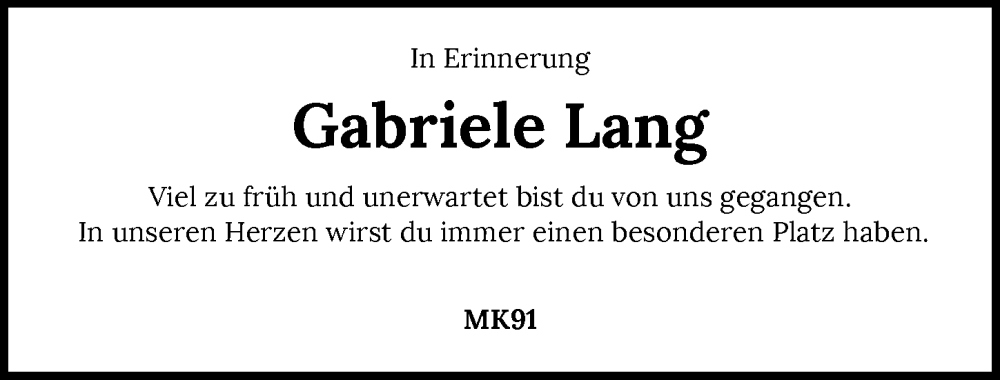  Traueranzeige für Gabriele Lang vom 21.06.2025 aus GESAMT